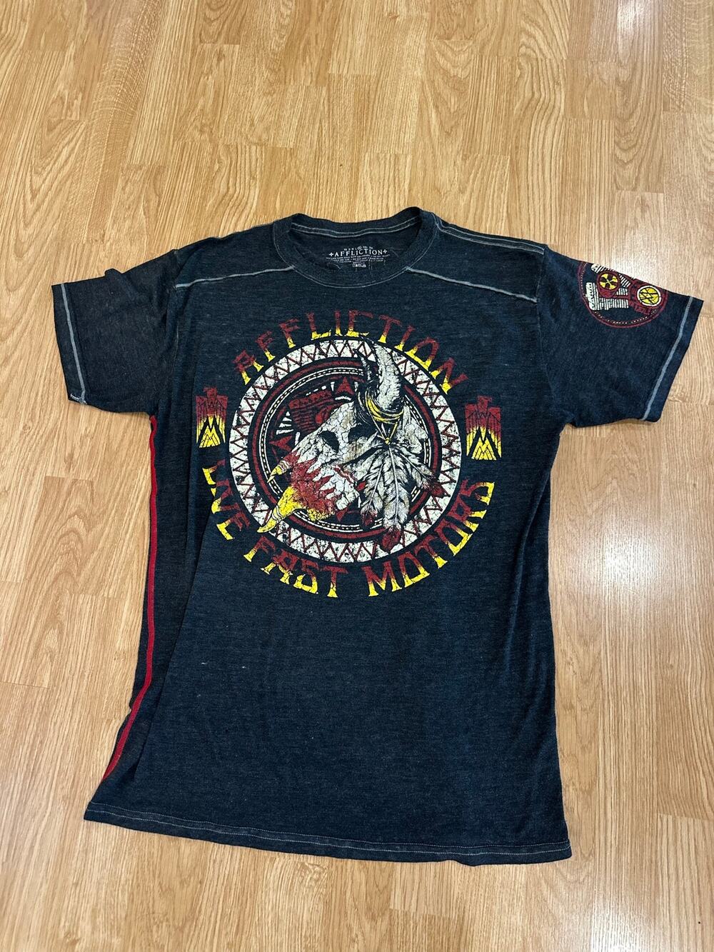 Affliction Lakota Burnout Tee with a distressed "Live Fast Motors", Size XL